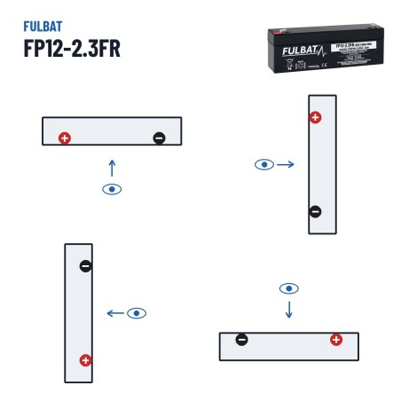 Batteria stazionaria UPS Fulbat FP12-2.3FR 12V 2.3Ah AGM – polarità (schema 1, + a sinistra)