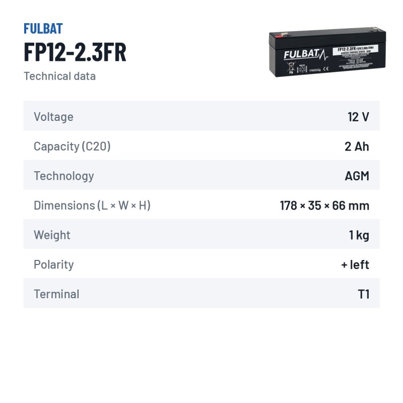 Batteria stazionaria UPS Fulbat FP12-2.3FR 12V 2.3Ah AGM – scheda tecnica