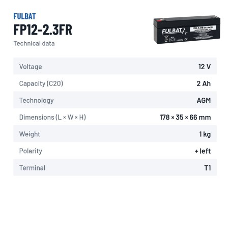 Batteria stazionaria UPS Fulbat FP12-2.3FR 12V 2.3Ah AGM – scheda tecnica
