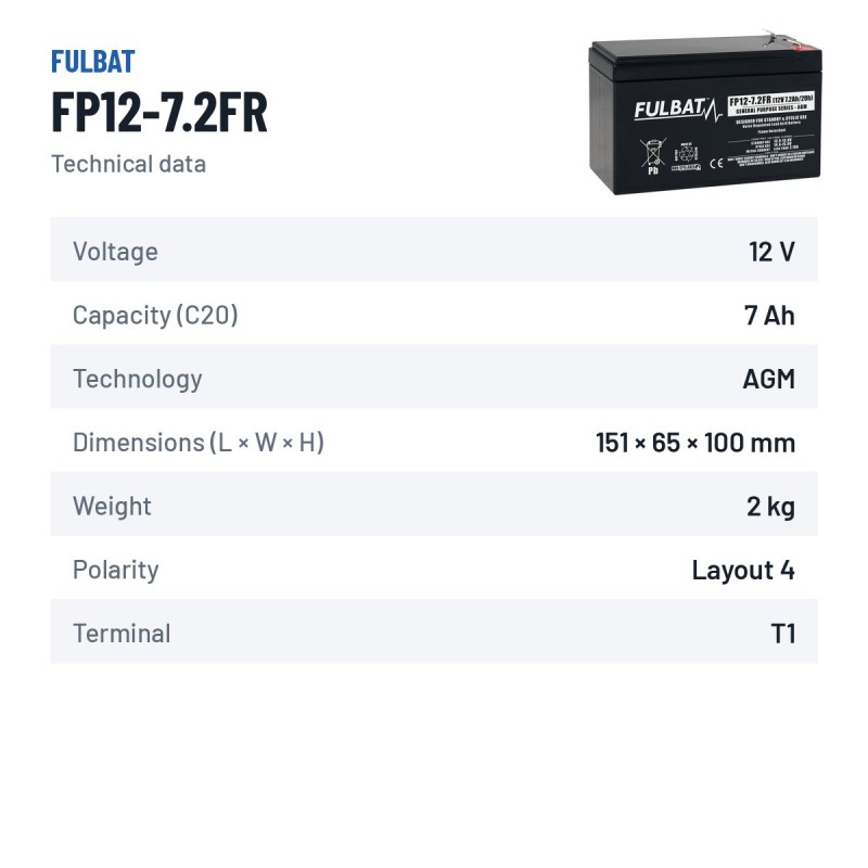 Bateria estacionária UPS Fulbat FP12-7.2FR 12V 7.2Ah AGM – ficha técnica