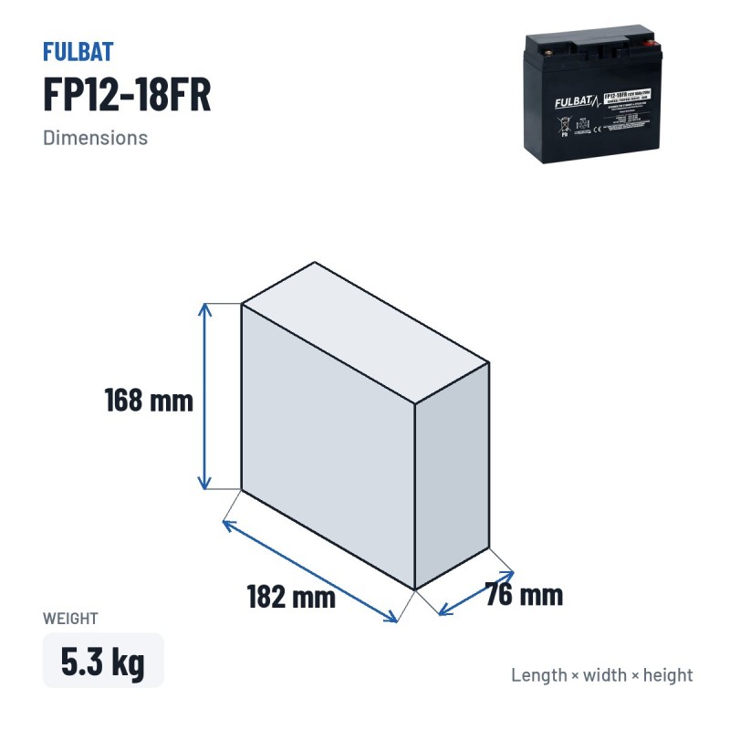 Batería estacionaria SAI/UPS Fulbat FP12-18FR 12V 18Ah AGM – medidas 182 × 76 × 168 mm