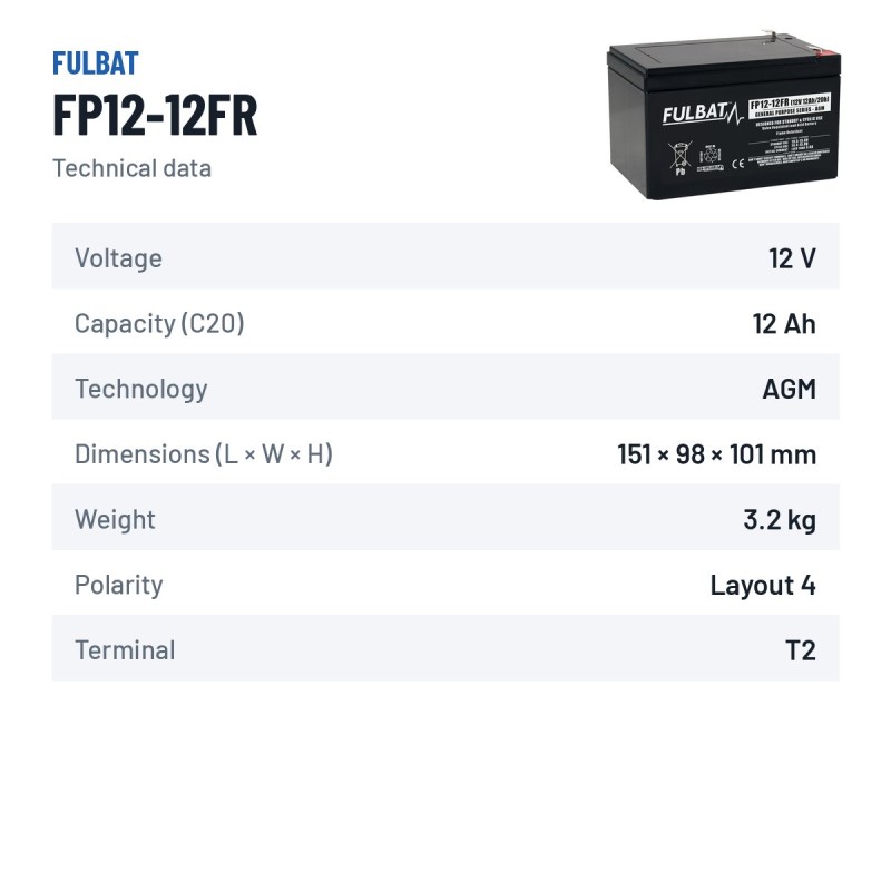 Bateria estacionária UPS Fulbat FP12-12FR 12V 12Ah AGM – ficha técnica