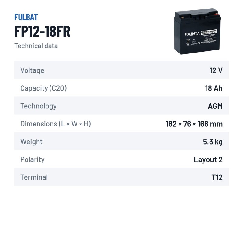 Batteria stazionaria UPS Fulbat FP12-18FR 12V 18Ah AGM – scheda tecnica