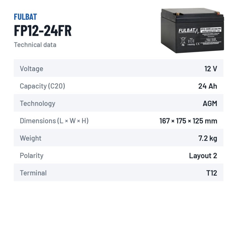 Batteria stazionaria UPS Fulbat FP12-24FR 12V 24Ah AGM – scheda tecnica