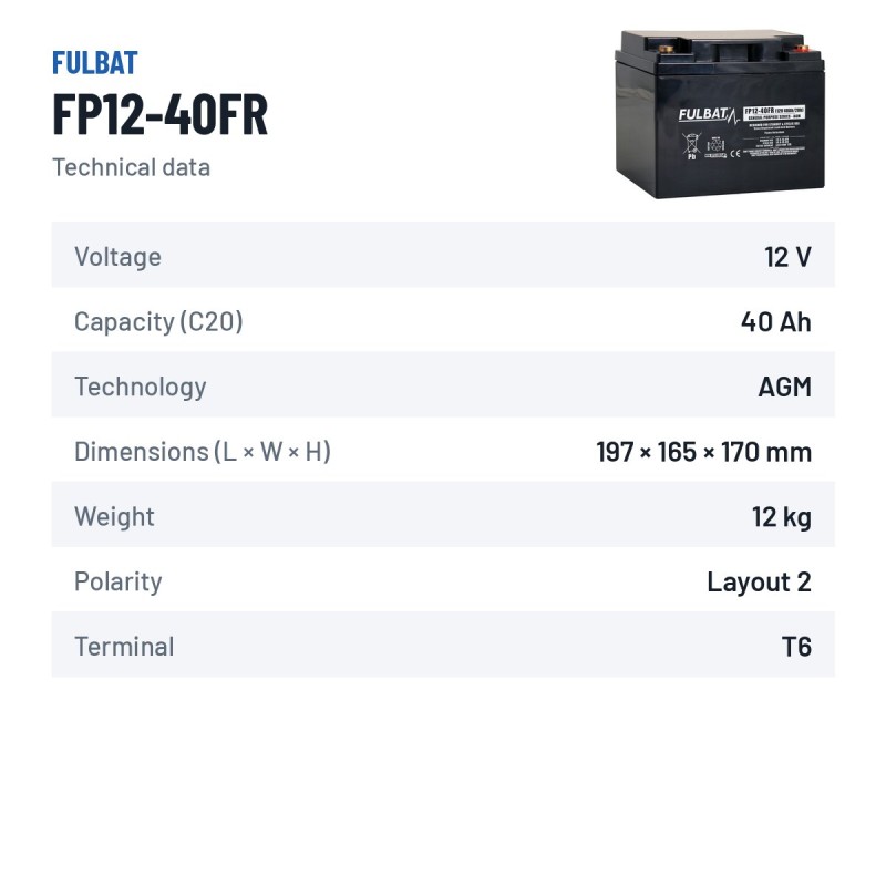Batteria stazionaria UPS Fulbat FP12-40FR 12V 40Ah AGM – scheda tecnica
