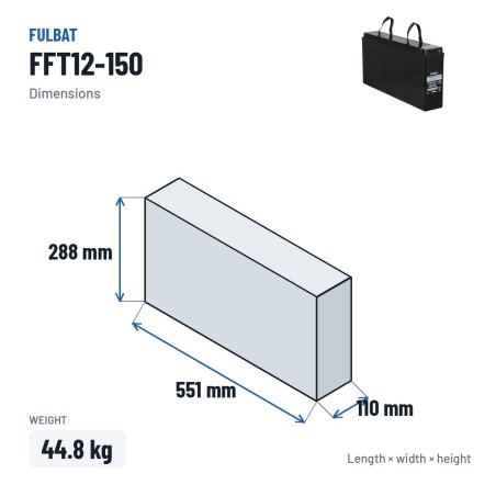 Batería para telecomunicaciones Fulbat FFT12-150 12V 157.6Ah AGM – medidas 551 × 110 × 288 mm