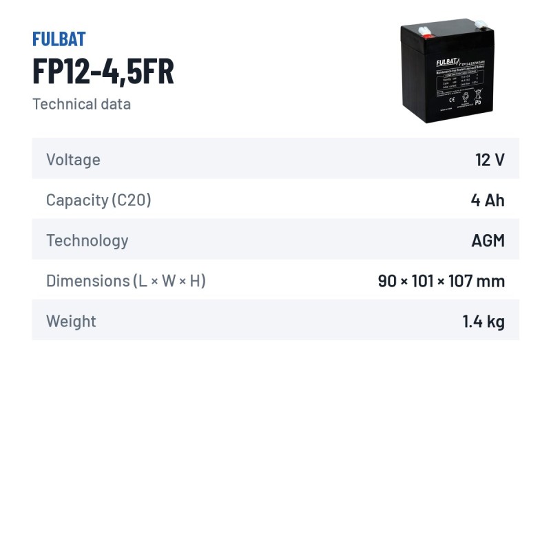 Batería de cortacésped Fulbat FP12-4,5FR 12V 4.5Ah AGM – ficha técnica