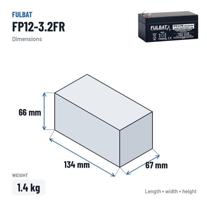 Stationärbatterie USV Fulbat FP12-3.2FR 12V 3.2Ah AGM – Abmessungen 134 × 67 × 66 mm