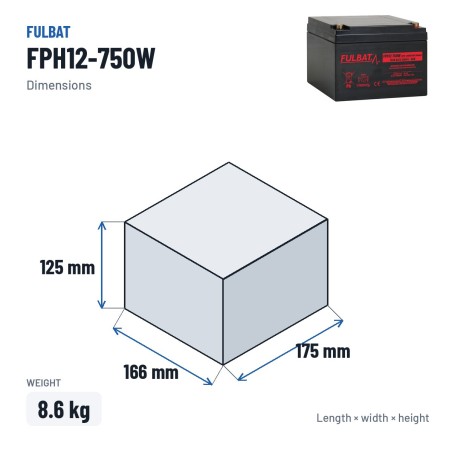 Batteria stazionaria UPS Fulbat FPH12-750W 12V 26Ah AGM – dimensioni 166 × 175 × 125 mm