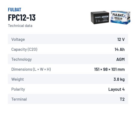 Batterie scooter de mobilité Fulbat FPC12-13 12V 13.9Ah AGM – fiche technique