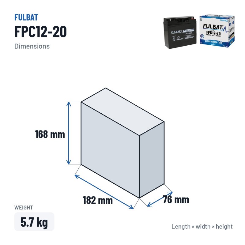 Mobility scooter battery Fulbat FPC12-20 12V 20Ah AGM – dimensions 182 × 76 × 168 mm