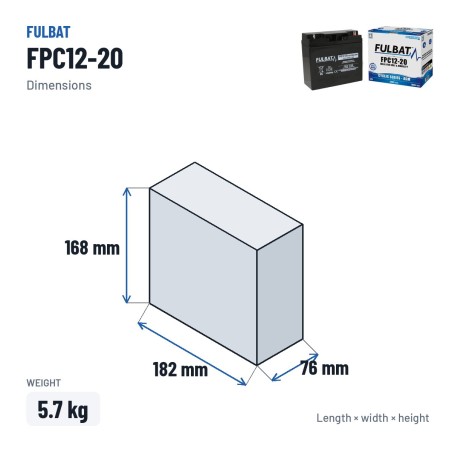 Mobility scooter battery Fulbat FPC12-20 12V 20Ah AGM – dimensions 182 × 76 × 168 mm