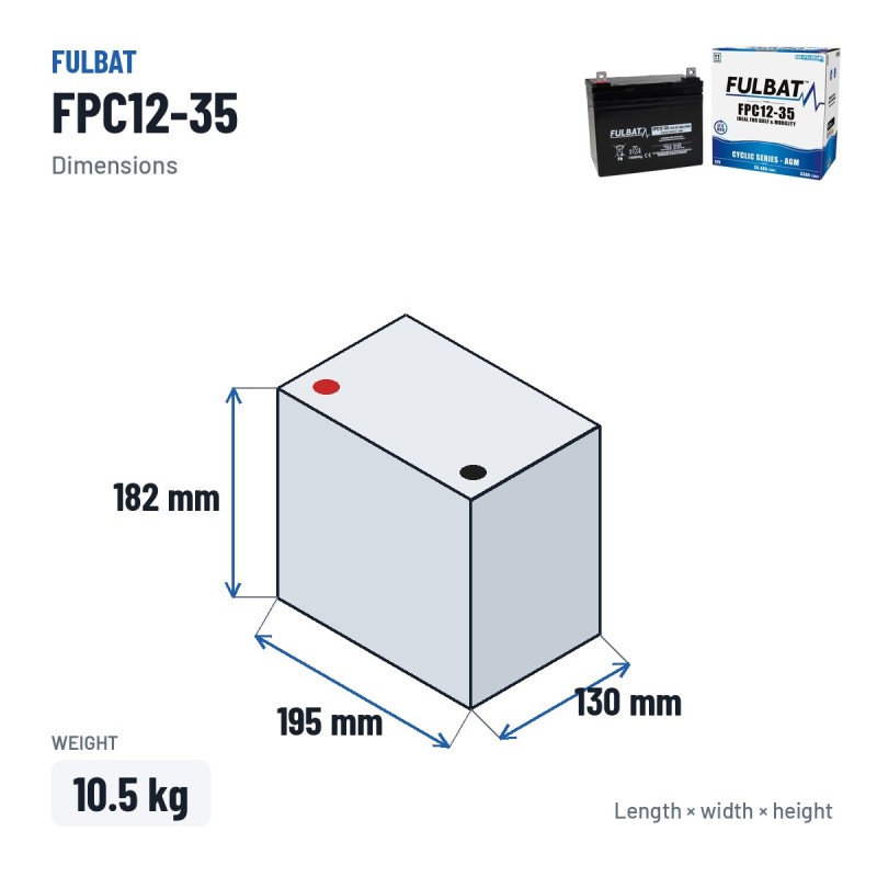 Batteria per scooter di mobilità Fulbat FPC12-35 12V 35.4Ah AGM – dimensioni 195 × 130 × 182 mm