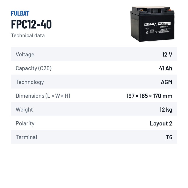Mobility scooter battery Fulbat FPC12-40 12V 40.8Ah AGM – technical data