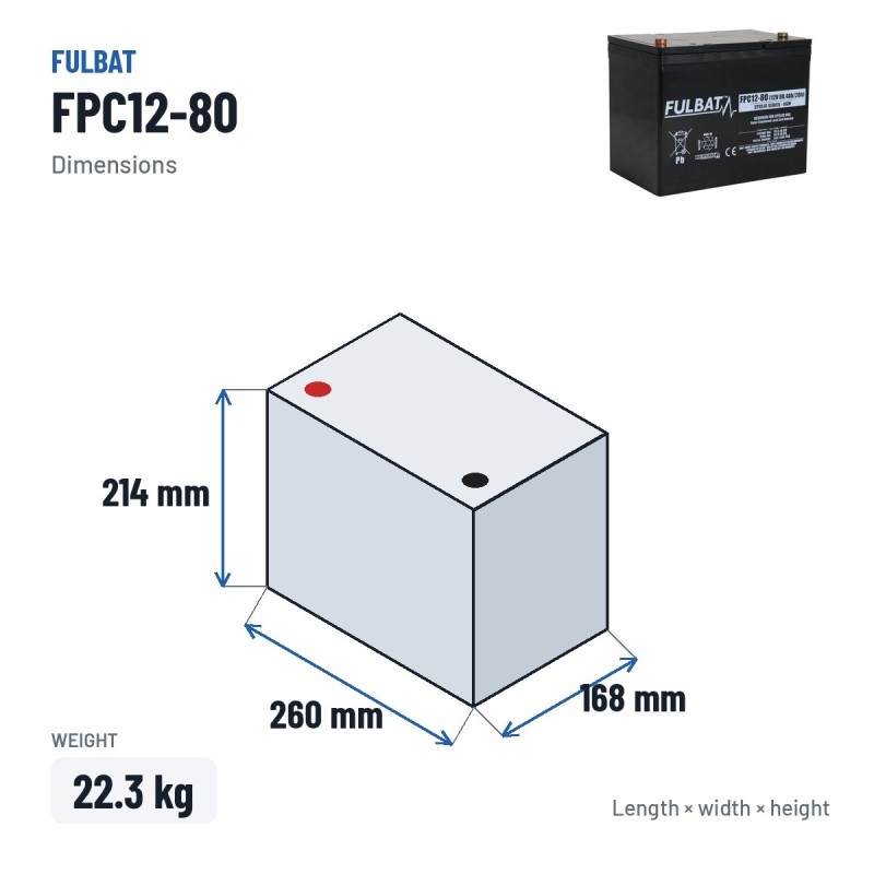 Batterie für Mobilitätsscooter Fulbat FPC12-80 12V 80.4Ah AGM – Abmessungen 260 × 168 × 214 mm
