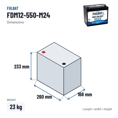 Marine battery Fulbat FDM12-550-M24 12V 79Ah 550A AGM CARBON – dimensions 260 × 168 × 233 mm