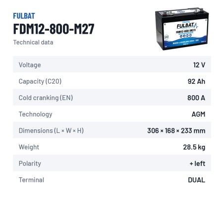 Batería náutica Fulbat FDM12-800-M27 12V 92Ah 800A AGM CARBON