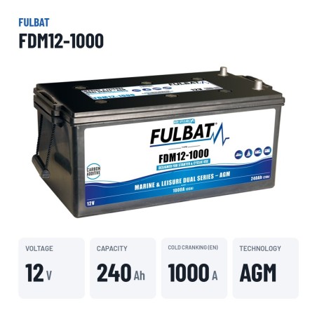 Bateria náutica Fulbat FDM12-1000 12V 240Ah 1000A AGM CARBON – dados principais