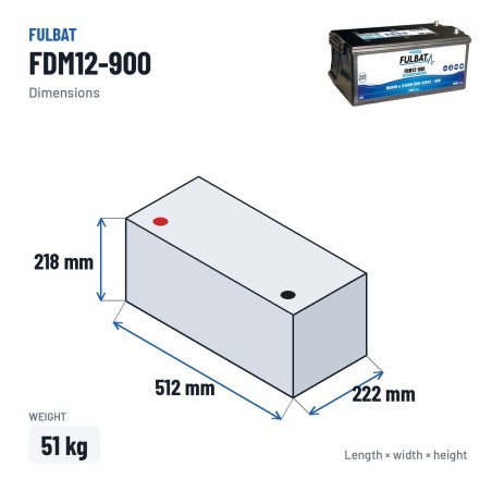 Marine battery Fulbat FDM12-900 12V 180Ah 900A AGM CARBON – dimensions 512 × 222 × 218 mm