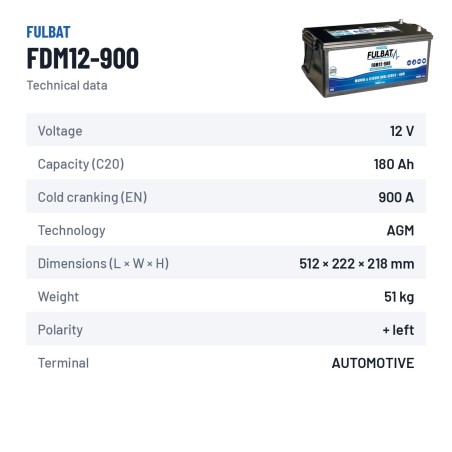 Bootsbatterie Fulbat FDM12-900 12V 180Ah 900A AGM CARBON – technische Daten