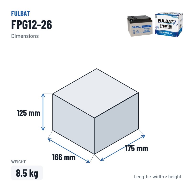 Mobility scooter battery Fulbat FPG12-26 12V 26Ah GEL – dimensions 166 × 175 × 125 mm