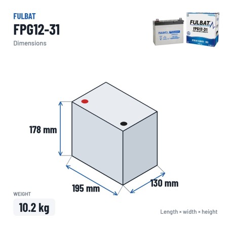 Batterie scooter de mobilité Fulbat FPG12-31 12V 31Ah GEL – dimensions 195 × 130 × 178 mm