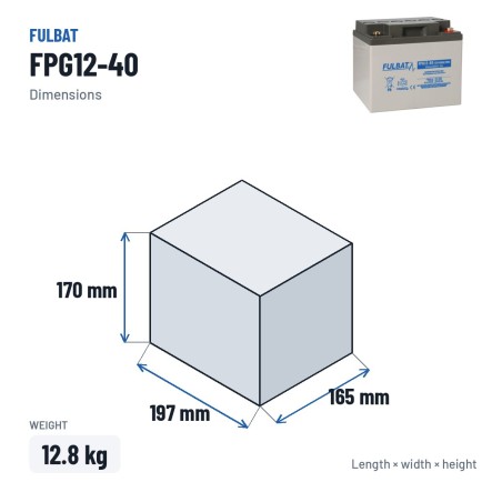 Mobility scooter battery Fulbat FPG12-40 12V 40Ah GEL – dimensions 197 × 165 × 170 mm