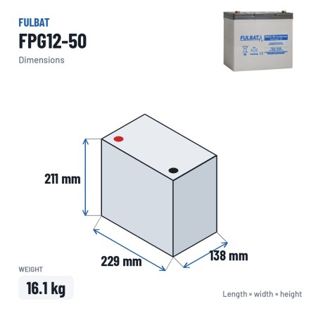 Batería de scooter de movilidad Fulbat FPG12-50 12V 50Ah GEL – medidas 229 × 138 × 211 mm