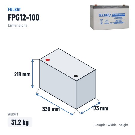 Bateria de scooter de mobilidade Fulbat FPG12-100 12V 100Ah GEL – medidas 330 × 173 × 218 mm