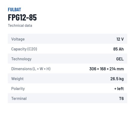 Batteria per scooter di mobilità Fulbat FPG12-85 12V 85Ah GEL – scheda tecnica