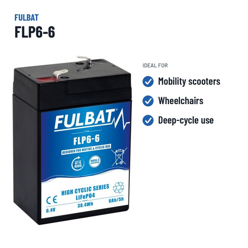 Bateria de scooter de mobilidade Fulbat FLP6-6 6.4V 5.4Ah LiFePO4