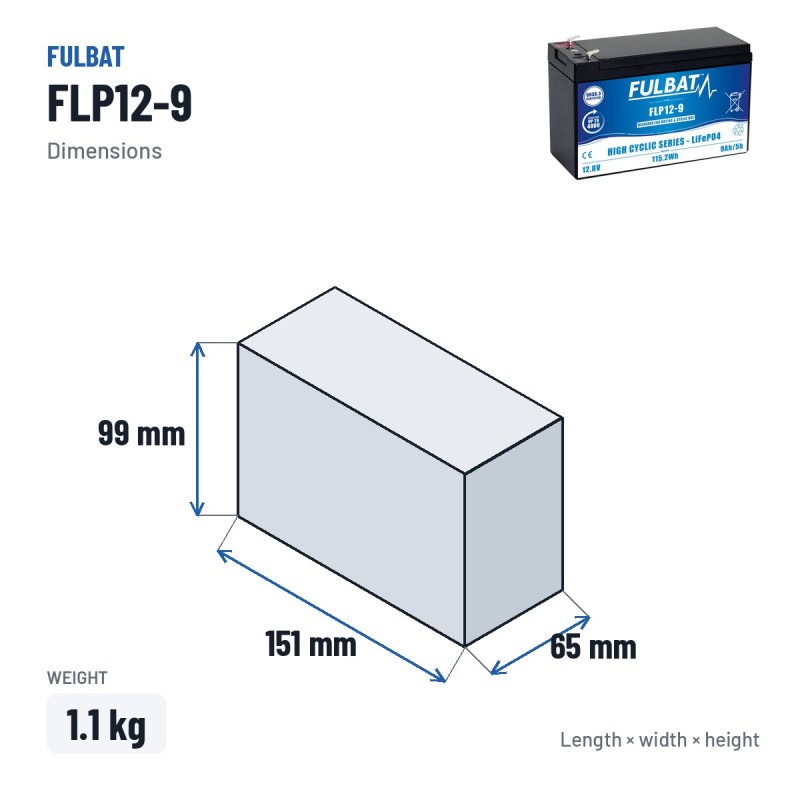 Batterie scooter de mobilité Fulbat FLP12-9 12.8V 9Ah LiFePO4 – dimensions 151 × 65 × 99 mm
