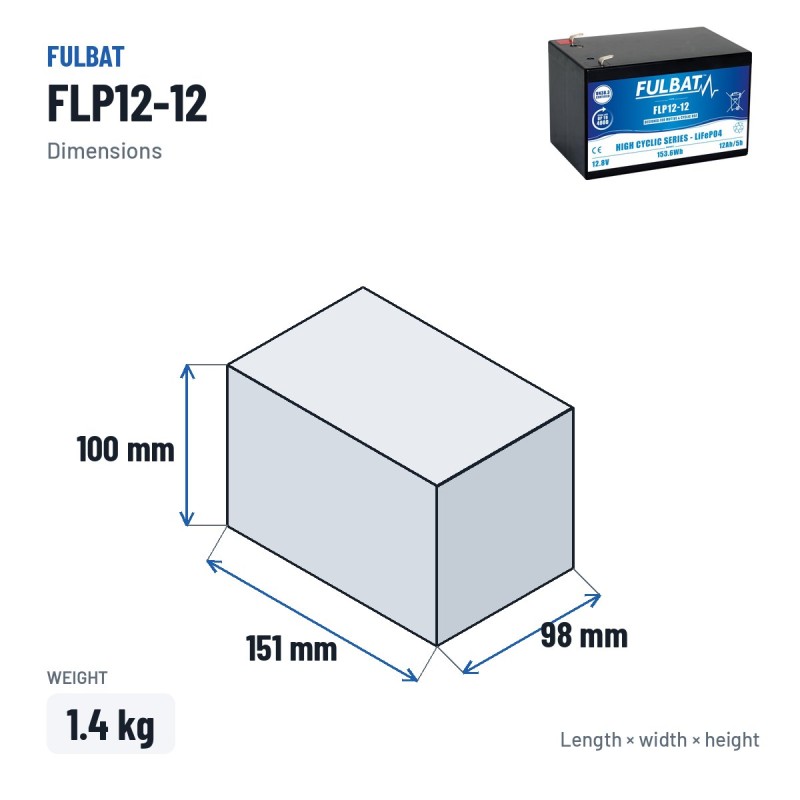 Batterie scooter de mobilité Fulbat FLP12-12 12.8V 12Ah LiFePO4 – dimensions 151 × 98 × 100 mm