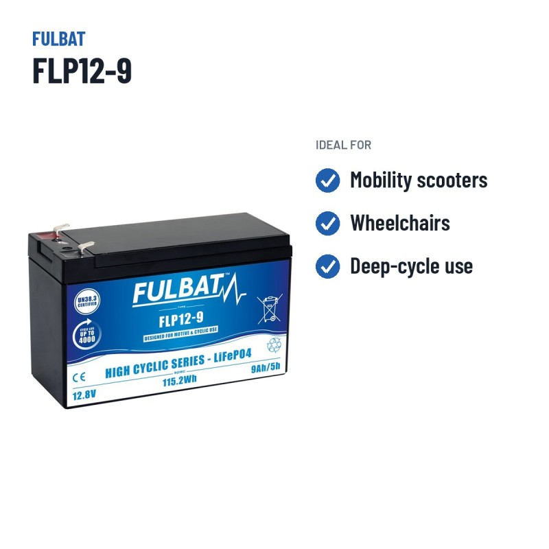 Batería de scooter de movilidad Fulbat FLP12-9 12.8V 9Ah LiFePO4 – usos recomendados