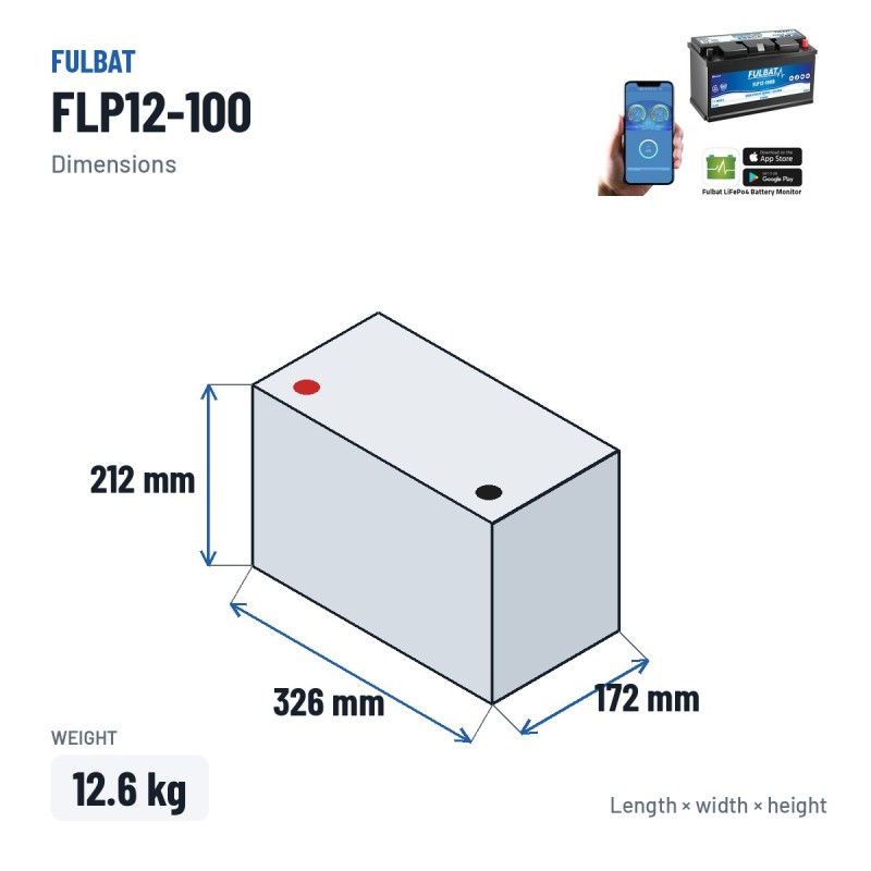 Batería de scooter de movilidad Fulbat FLP12-100 12.8V 100Ah LiFePO4 – medidas 326 × 172 × 212 mm