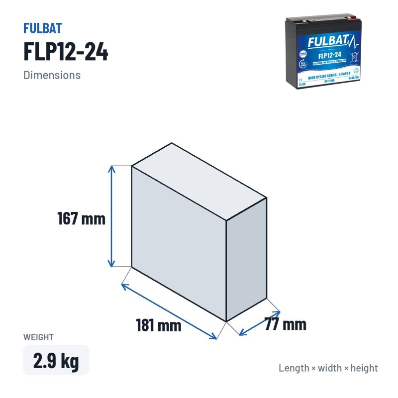 Mobility scooter battery Fulbat FLP12-24 12.8V 24Ah LiFePO4 – dimensions 181 × 77 × 167 mm