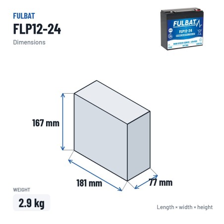 Batterie für Mobilitätsscooter Fulbat FLP12-24 12.8V 24Ah LiFePO4 – Abmessungen 181 × 77 × 167 mm