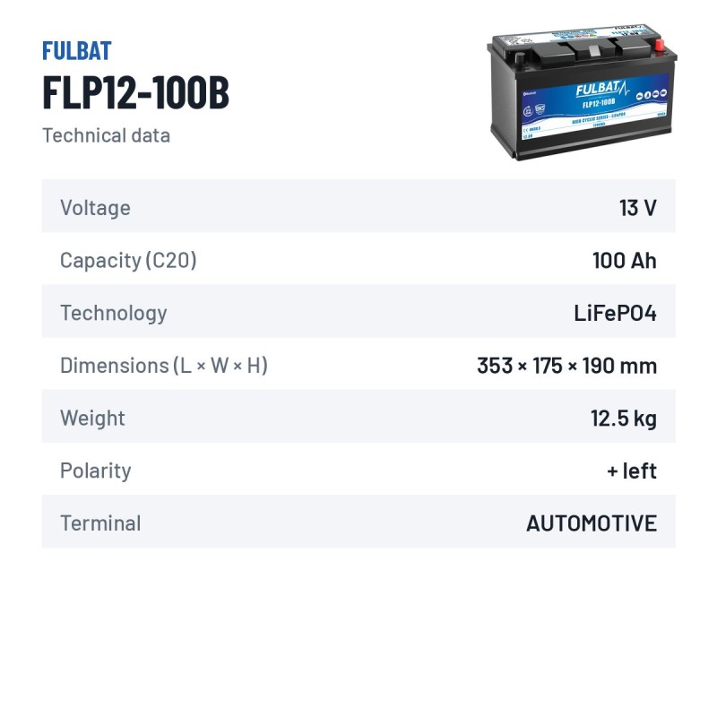 Bateria de scooter de mobilidade Fulbat FLP12-100B 12.8V 100Ah LiFePO4 – ficha técnica