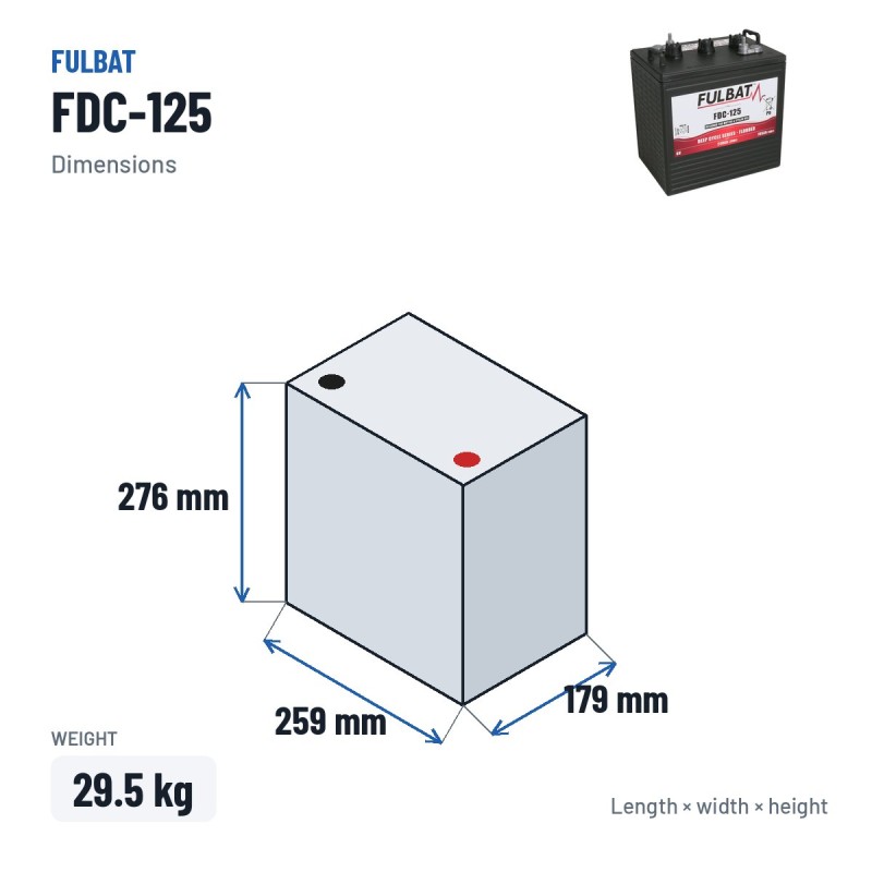 Batterie de traction Fulbat FDC-125 6V 195Ah – dimensions 259 × 179 × 276 mm