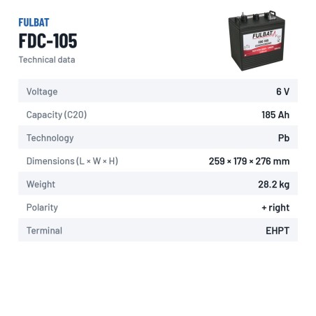 Batteria a trazione Fulbat FDC-105 6V 185Ah – scheda tecnica