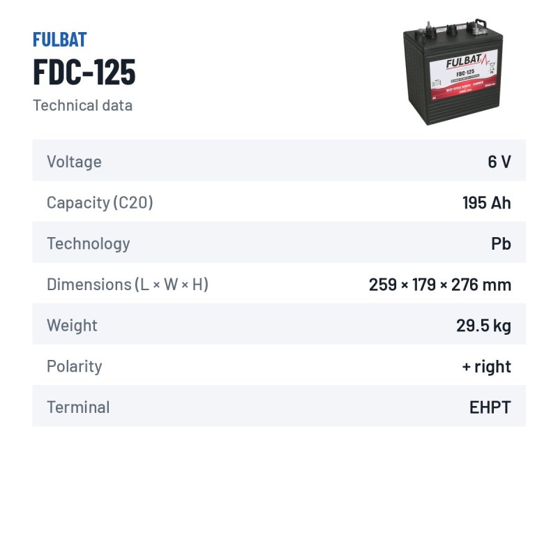 Batterie de traction Fulbat FDC-125 6V 195Ah – fiche technique