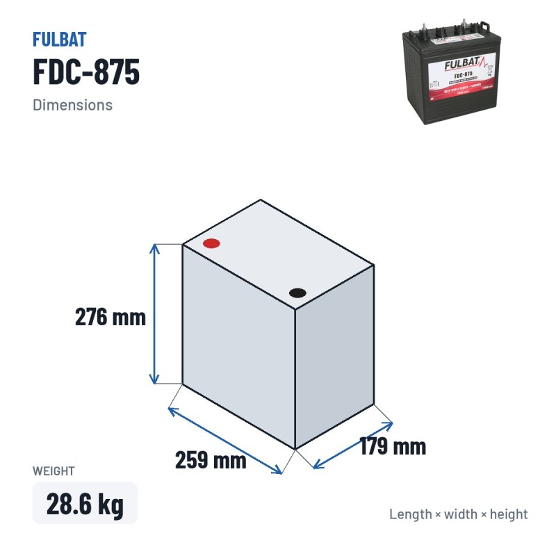 Batterie de traction Fulbat FDC-875 8V 145Ah – dimensions 259 × 179 × 276 mm