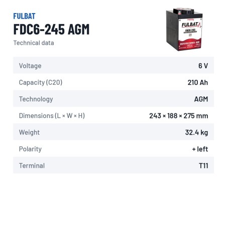 Traktionsbatterie Fulbat FDC6-245 AGM 6V 210Ah AGM | baterias.com