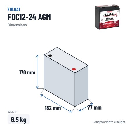 Batería de tracción Fulbat FDC12-24 AGM 12V 22.6Ah AGM – medidas 182 × 77 × 170 mm