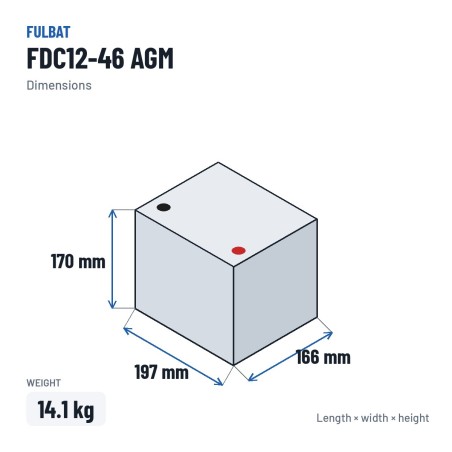 Bateria de tração Fulbat FDC12-46 AGM 12V 44Ah AGM – medidas 197 × 166 × 170 mm
