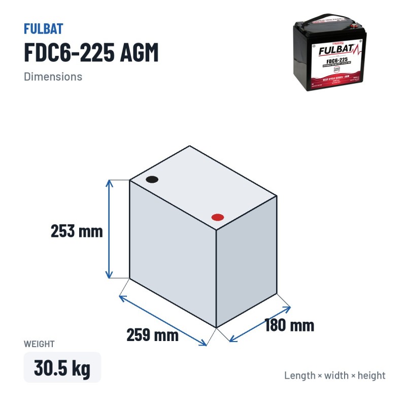 Bateria de tração Fulbat FDC6-225 AGM 6V 192Ah AGM – medidas 259 × 180 × 253 mm