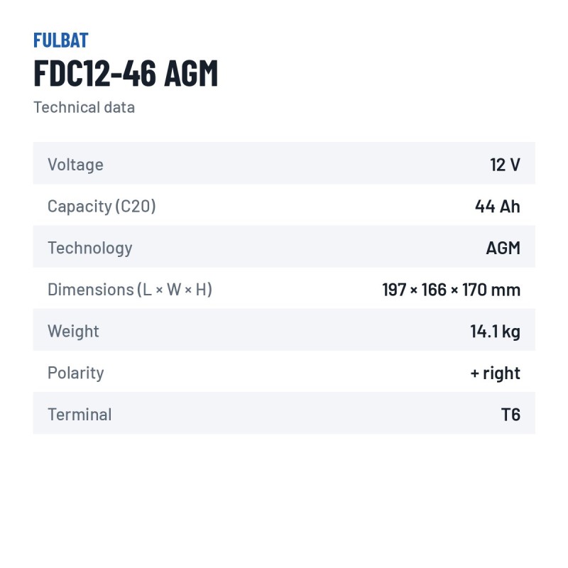 Traction battery Fulbat FDC12-46 AGM 12V 44Ah AGM – technical data