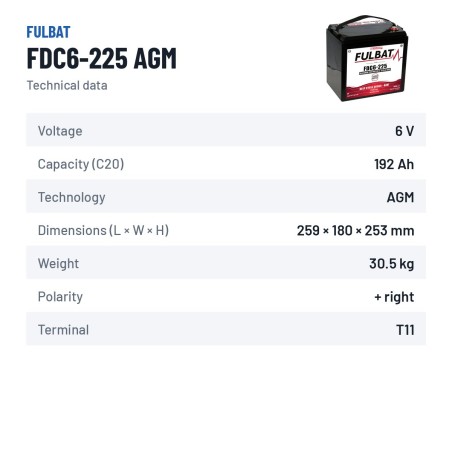 Bateria de tração Fulbat FDC6-225 AGM 6V 192Ah AGM – ficha técnica