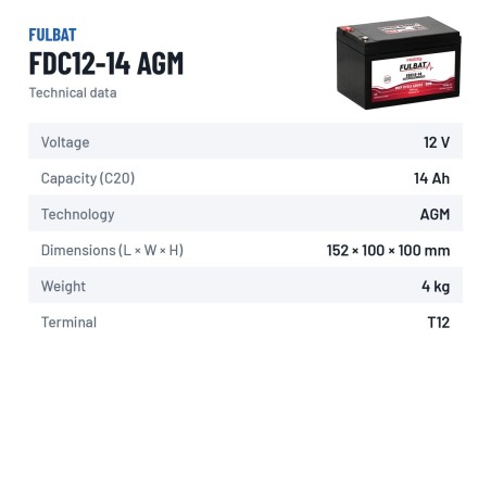 Bateria de tração Fulbat FDC12-14 AGM 12V 13.5Ah AGM – ficha técnica