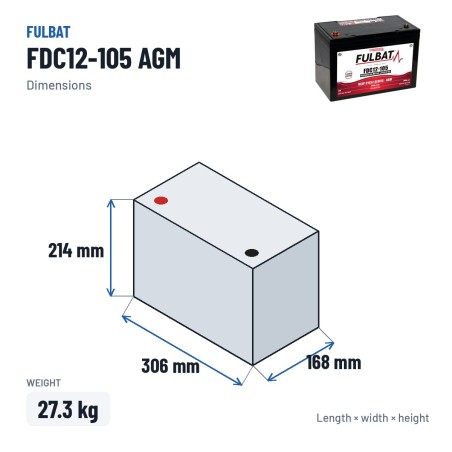 Batteria a trazione Fulbat FDC12-105 AGM 12V 96Ah AGM – dimensioni 306 × 168 × 214 mm